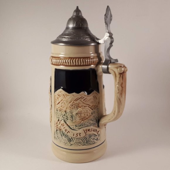 Vintage German Pewter lidded Beer stein tankard " Bier ist gesund " - Picture 1 of 9